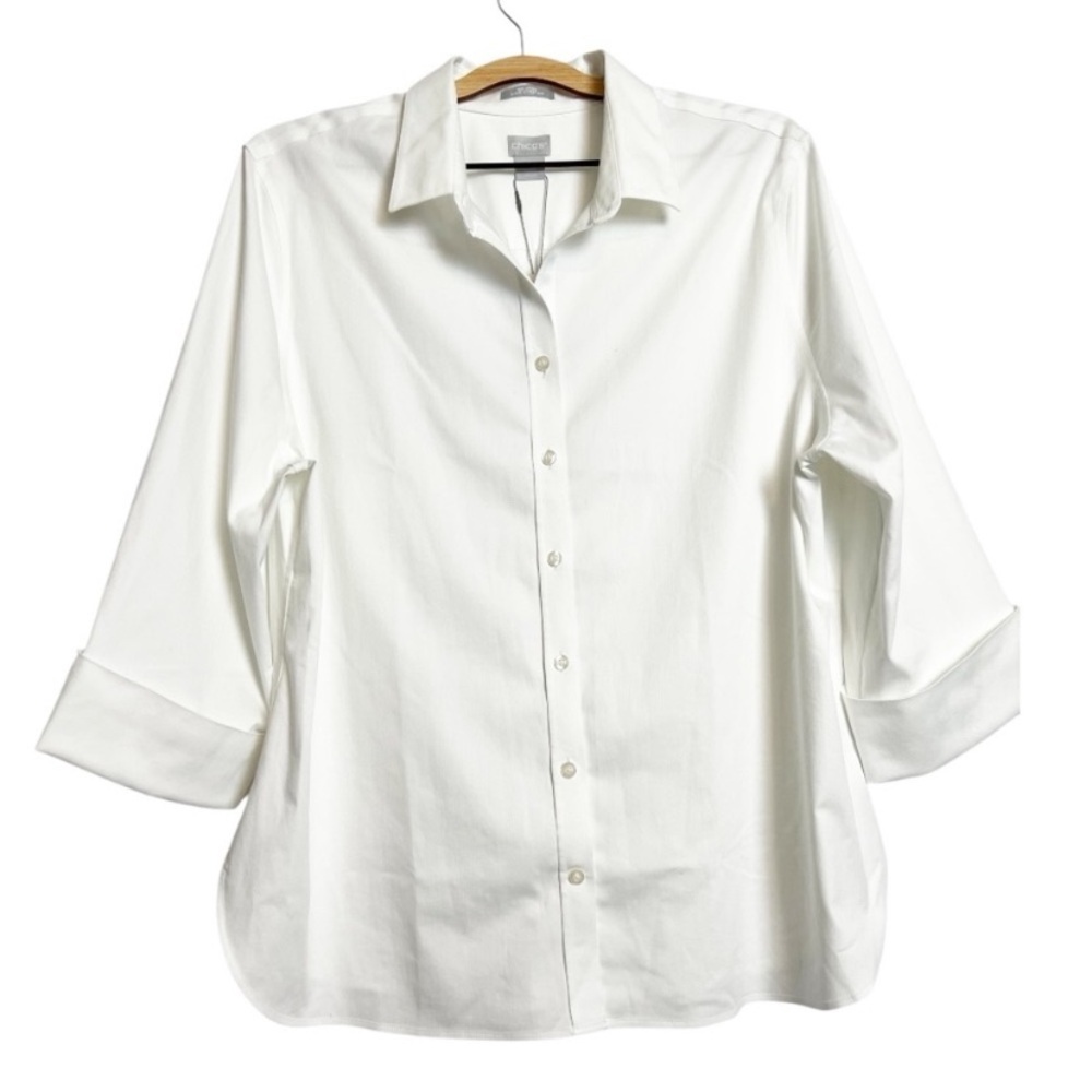 Chico's‎ Lorena 3/4 Sleeve Wrinkle Resistant Optic White Button Down Shirt NWT